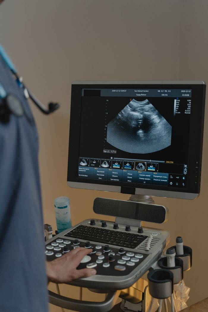 A healthcare professional using an ultrasound machine in a clinical setting.